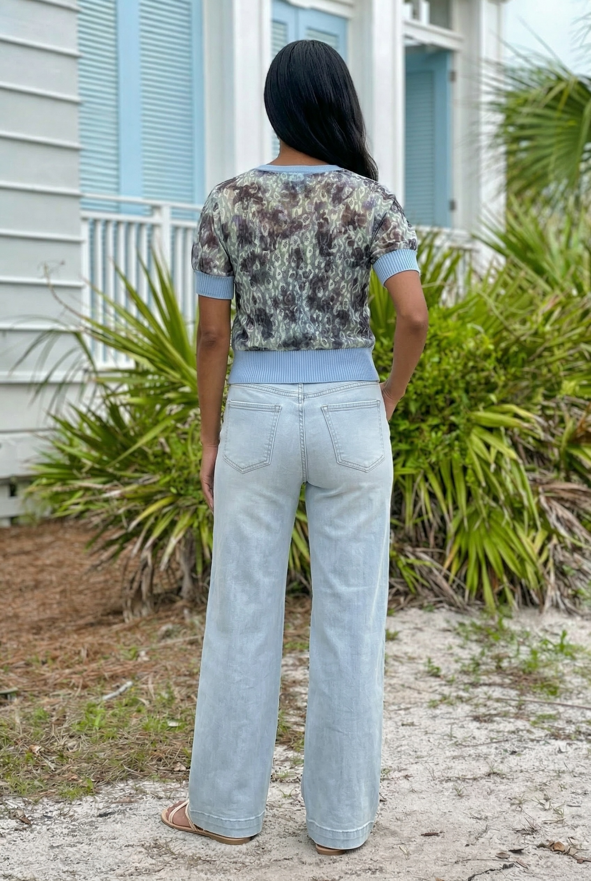 Anastasia Short Sleeve V-Neck Top : Grey/Blue