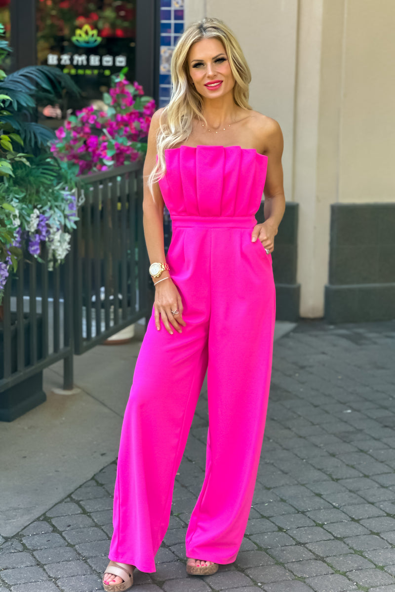 Date Night Beauty Strapless Pleated Jumpsuit  : Hot Pink
