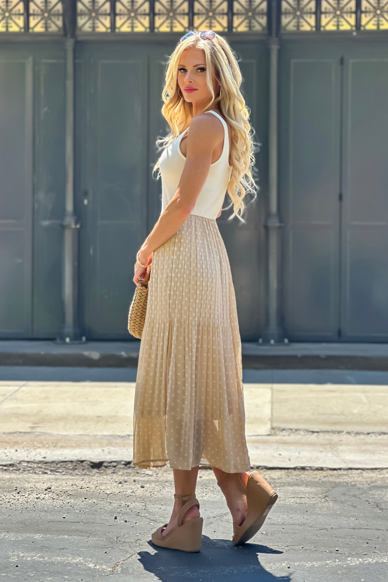 Tinlee Pleated Polka Dot Contrast Midi Dress : Ecru