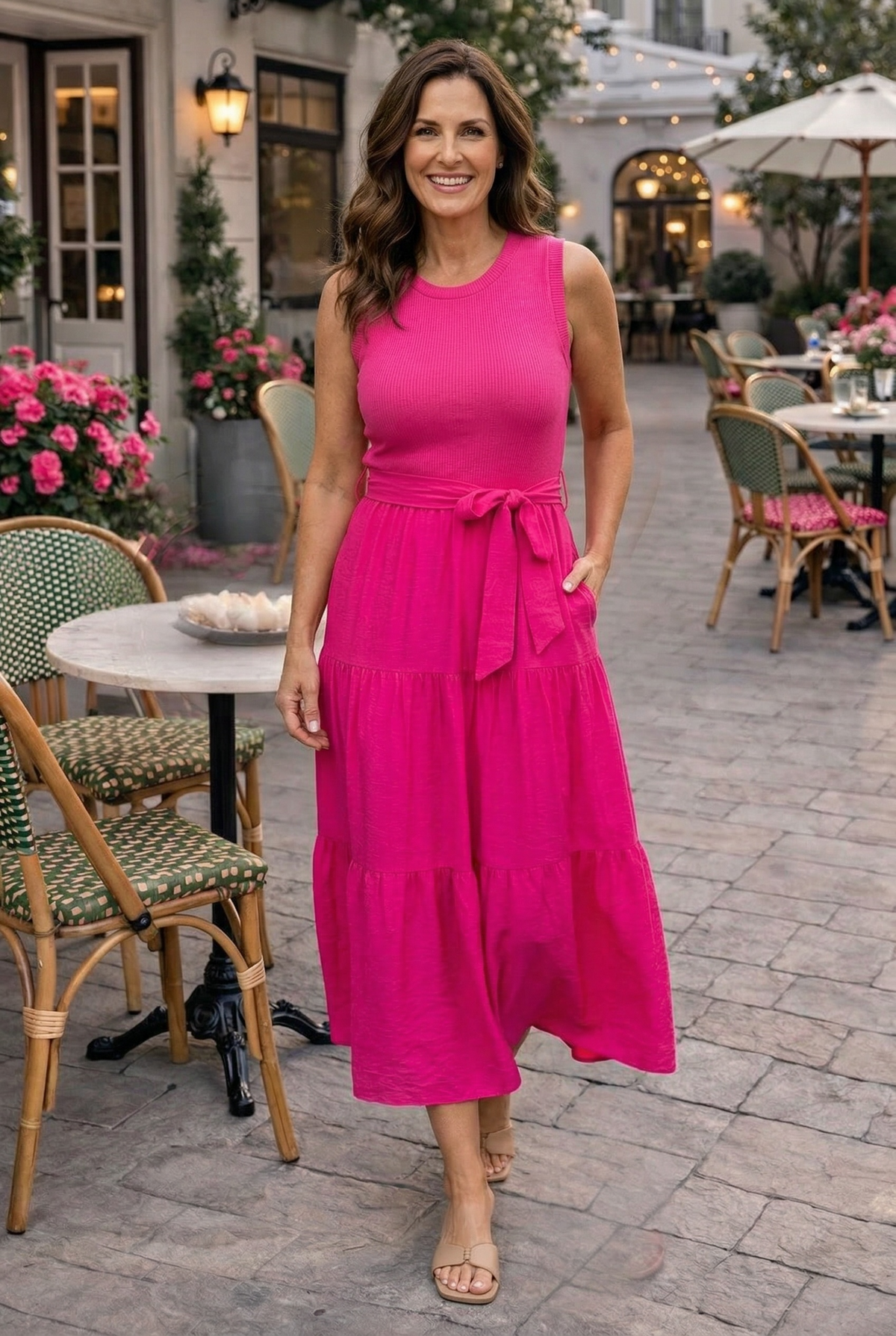 Kaitlyn Rib Knit Contrast Tiered Midi Dress : Pink