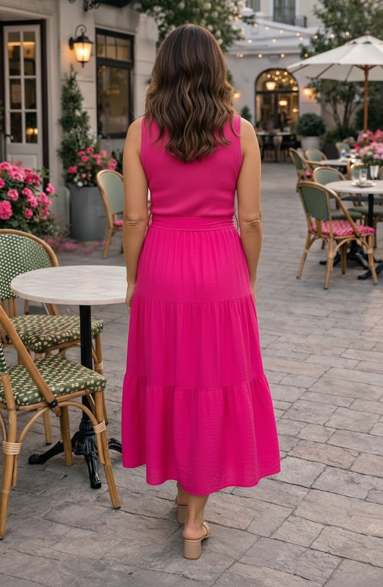 Kaitlyn Rib Knit Contrast Tiered Midi Dress : Pink