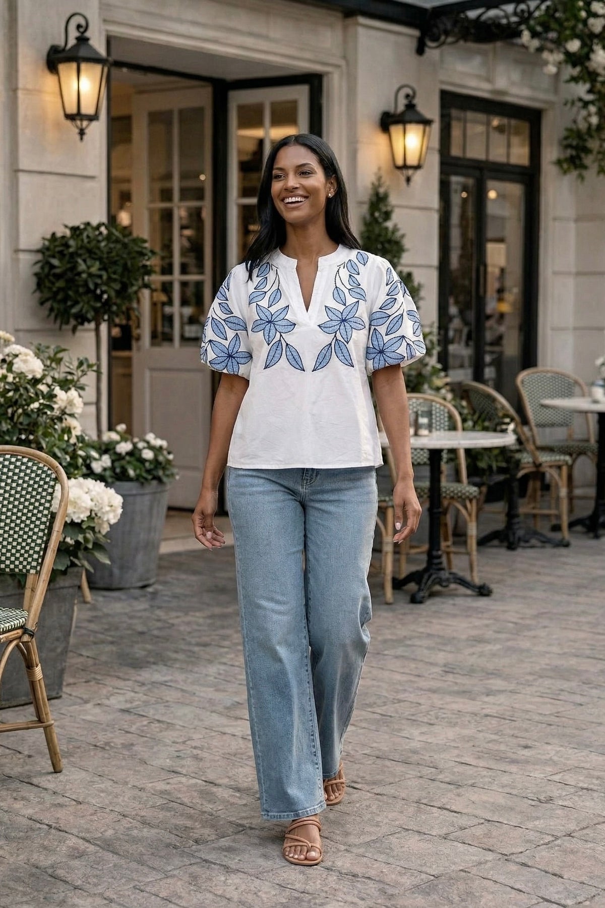 Serafina Puff Sleeve Floral Embroidery V-Neck Top : White