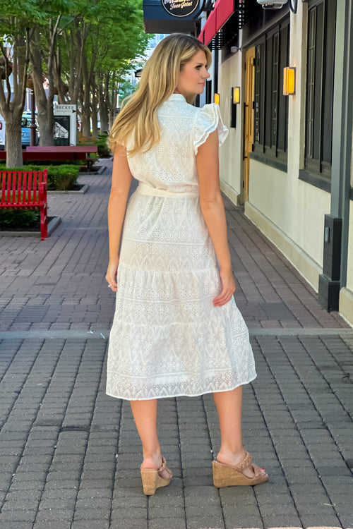 Natalia Ruffle Sleeve Eyelet Midi Dress : Off White