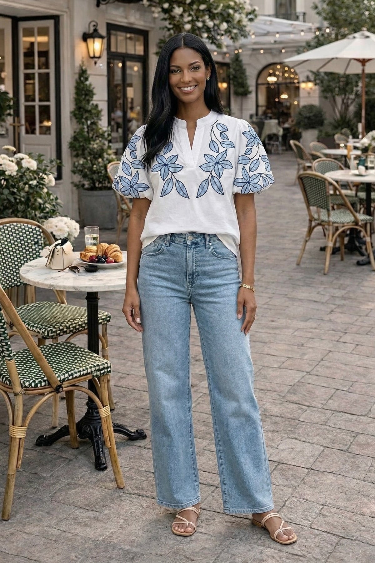 Serafina Puff Sleeve Floral Embroidery V-Neck Top : White