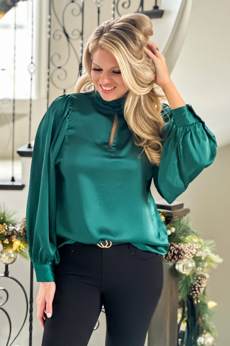 Celebrate And Sip High Neck Balloon Sleeve Blouse : Hunter Green