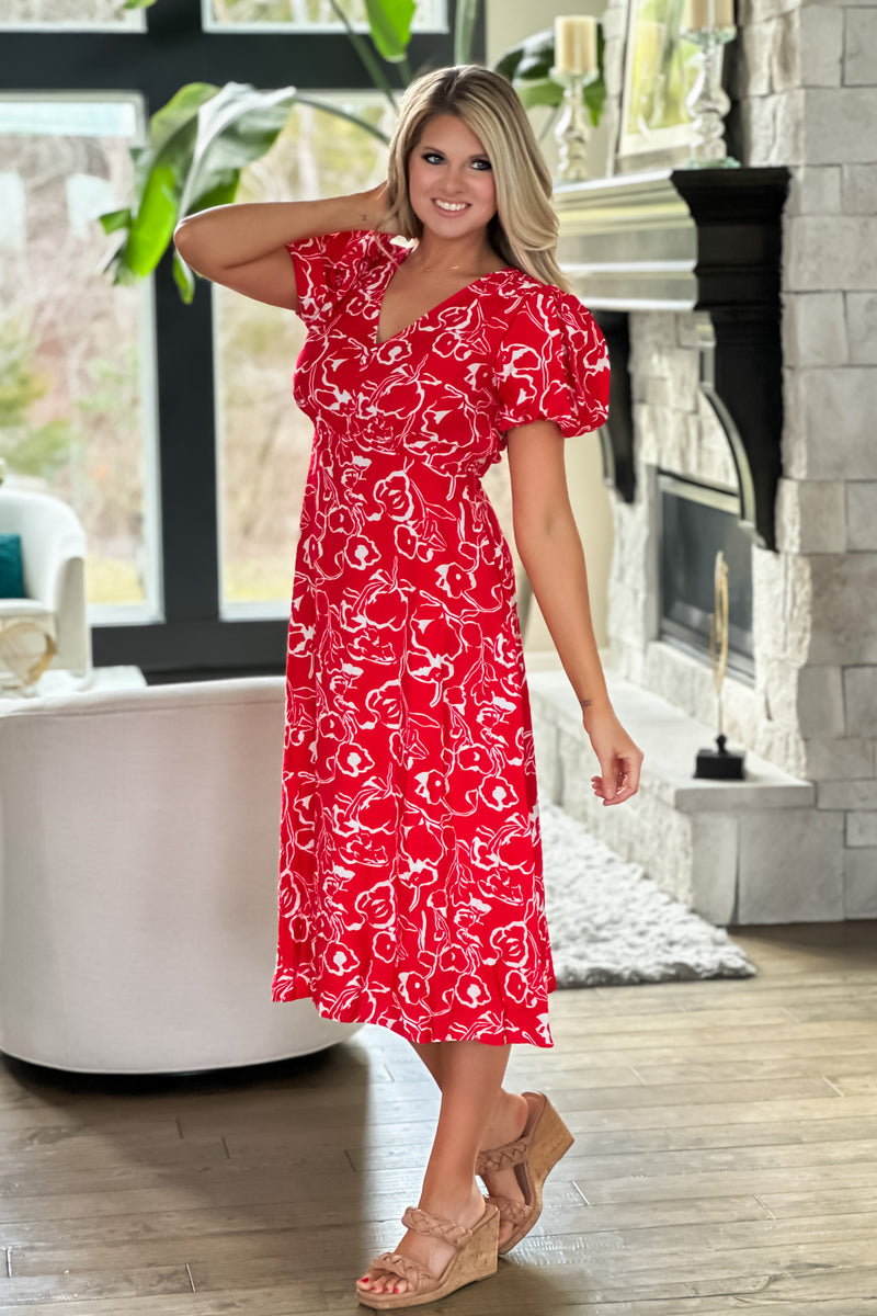 Can't Be Out Done V-neck Printed Dress : Red/White