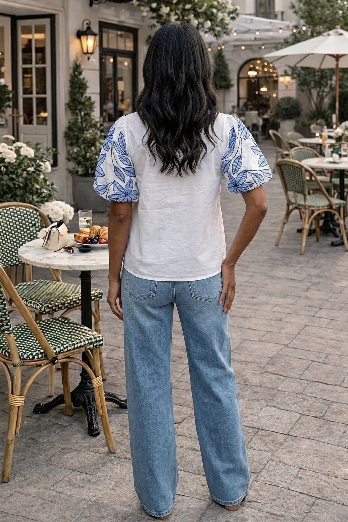 Serafina Puff Sleeve Floral Embroidery V-Neck Top : White