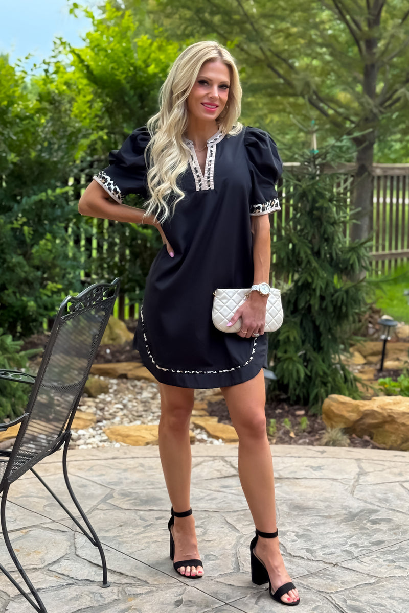 Laylee Leopard Banded Puff Sleeve Dress : Black