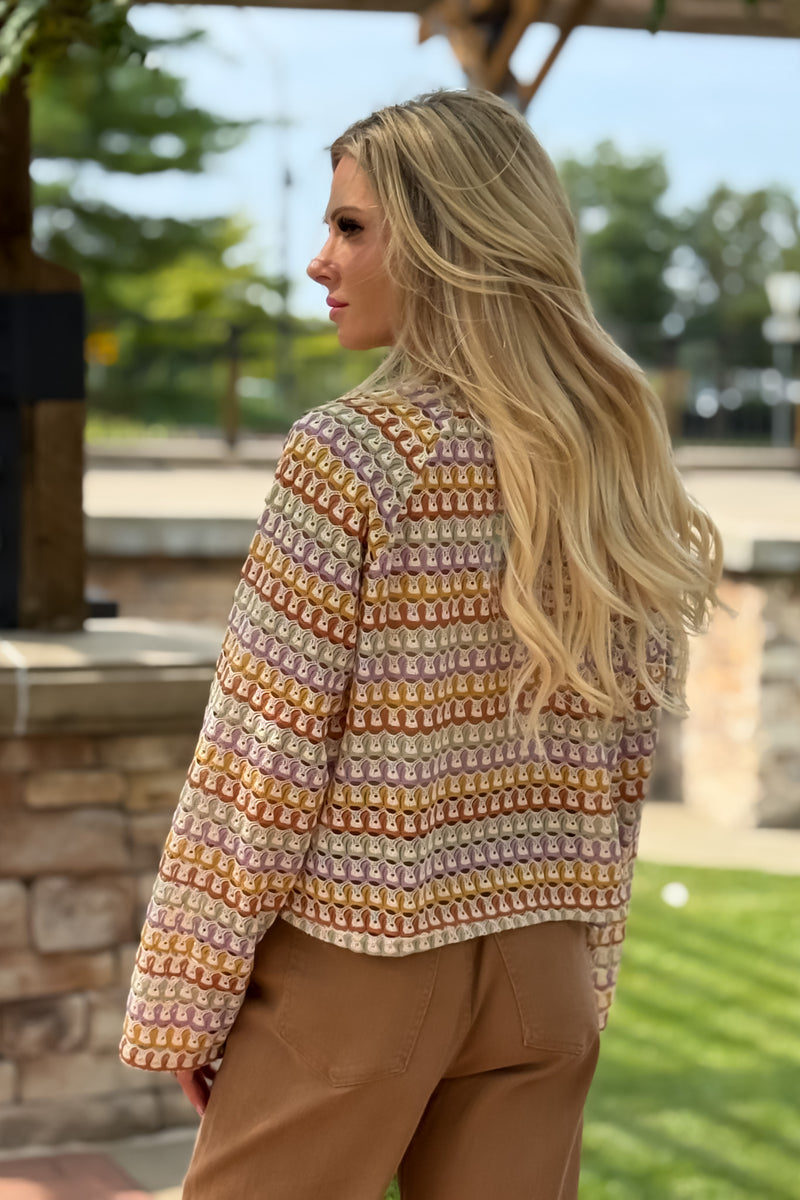 Colette Abstract Open Knit Printed Top : Taupe Mix