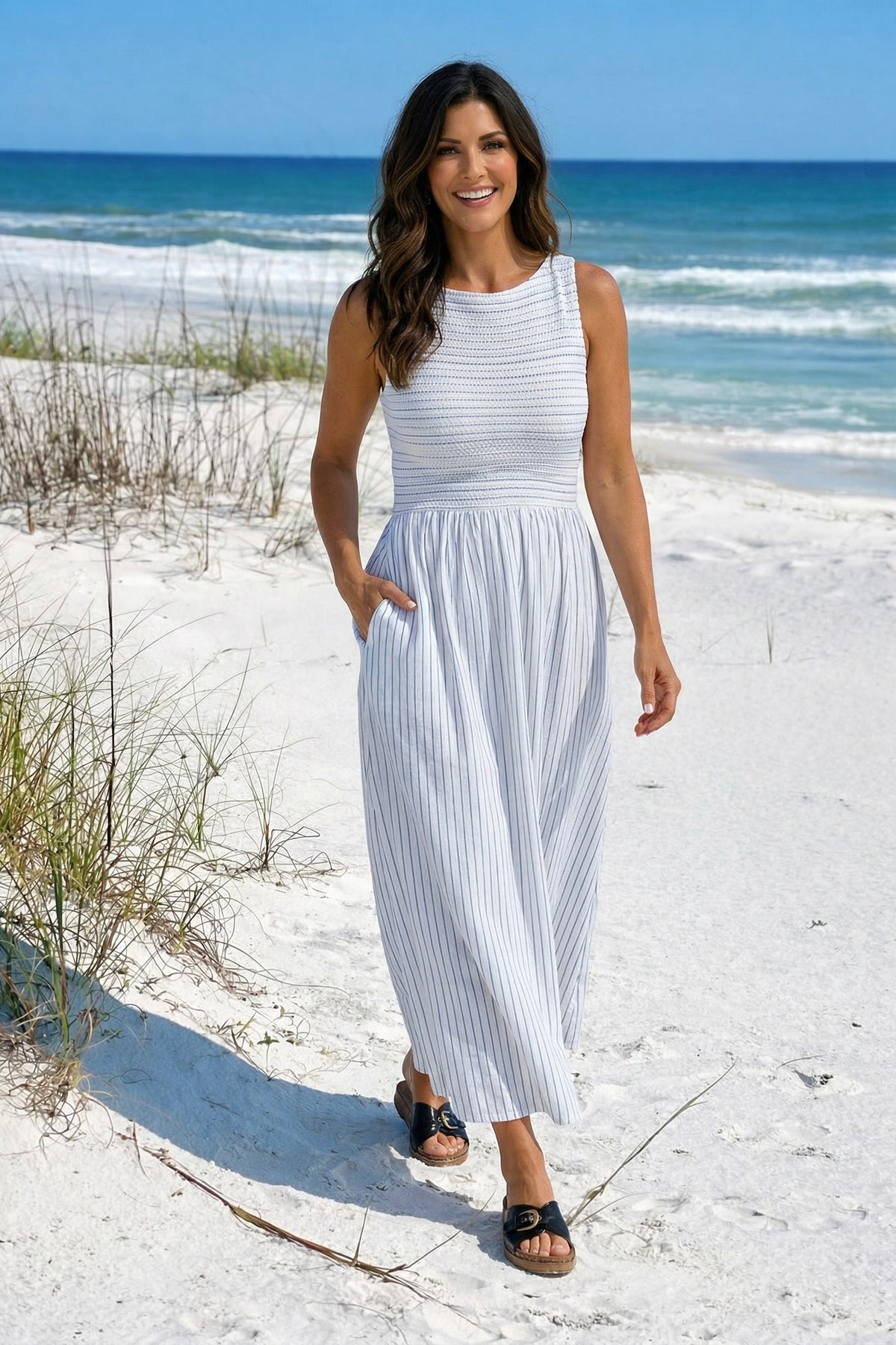 Gabriella Striped Woven Dress : White/Black