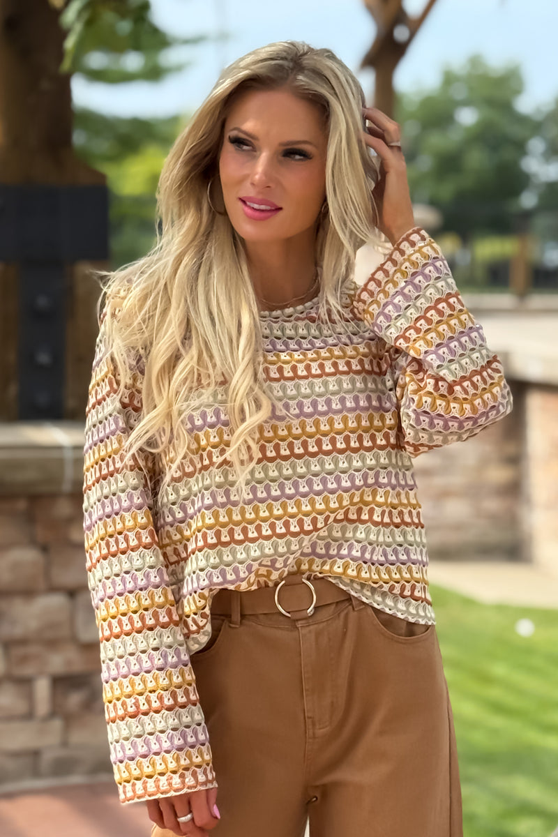 Colette Abstract Open Knit Printed Top : Taupe Mix