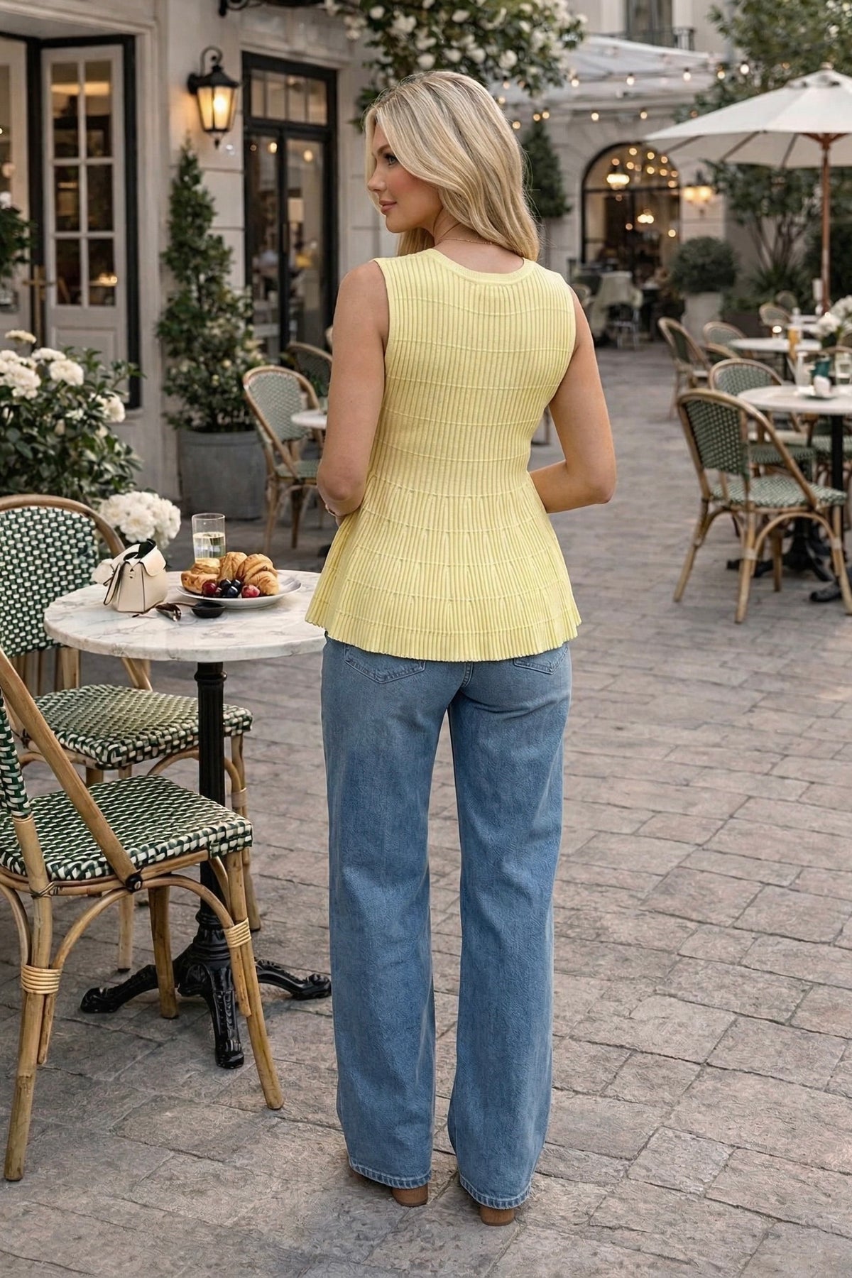 Alice Flared Ribbed Sleeveless Knit Sweater Top : Lemon