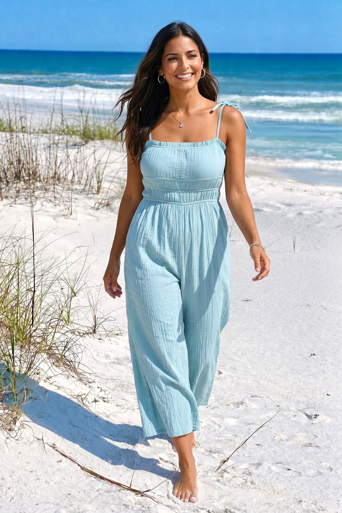 Amelie Silky Bamboo Texture Ruched Jumpsuit : Canal Blue