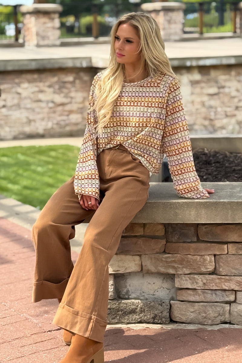 Colette Abstract Open Knit Printed Top : Taupe Mix
