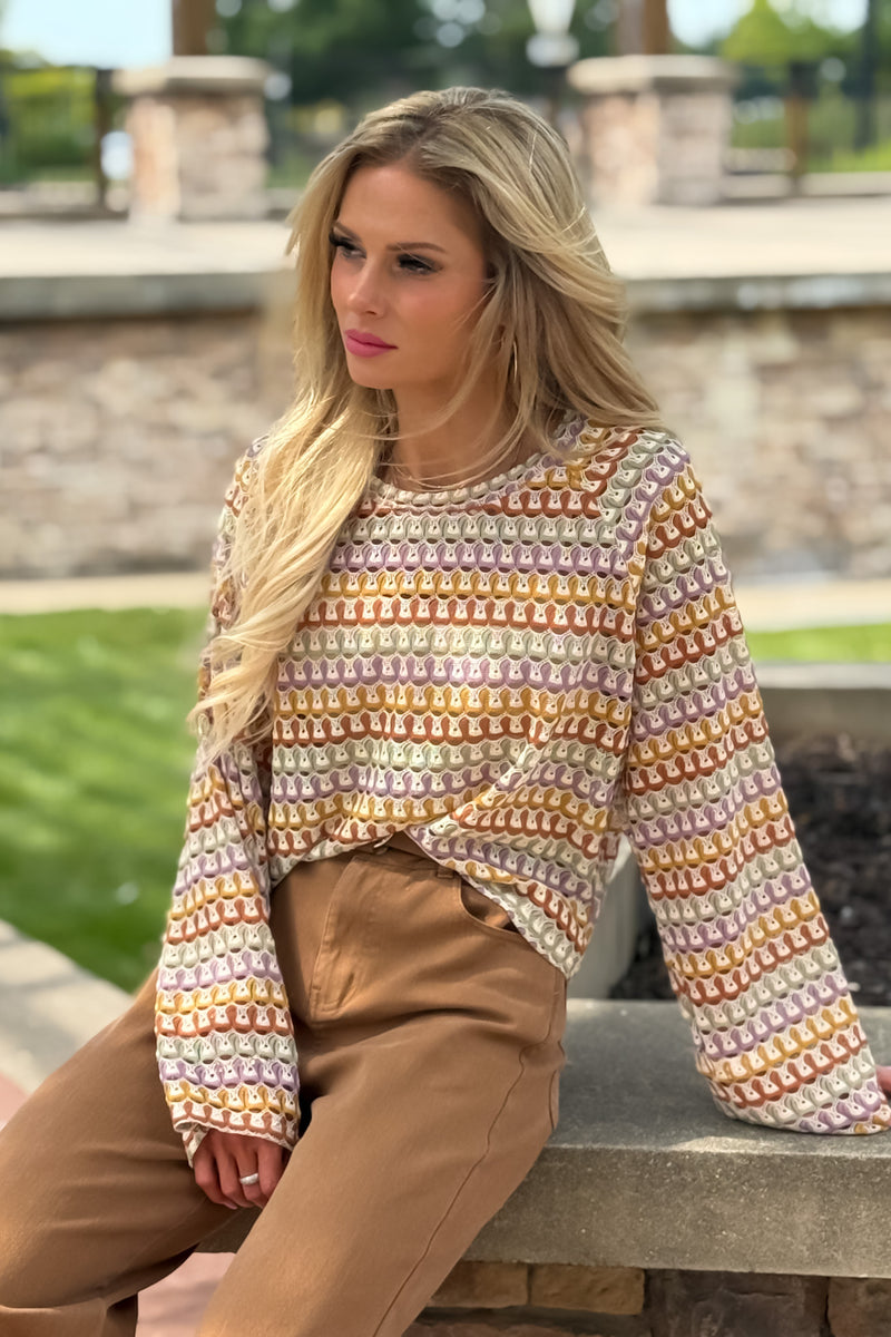 Colette Abstract Open Knit Printed Top : Taupe Mix