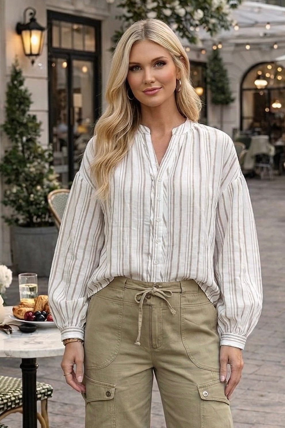 Katana Double Cloth Striped Top : Taupe