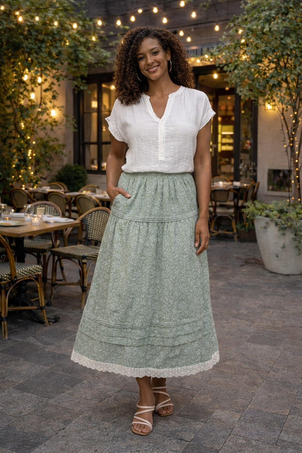 Riley Floral Trim Hem Midi Skirt : Sage