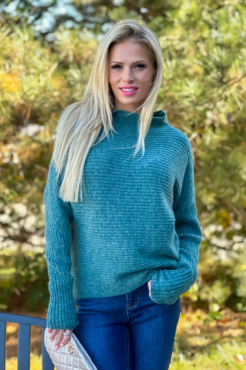 Lesley Mock Neck Horizontal Rib Sweater : Peacock