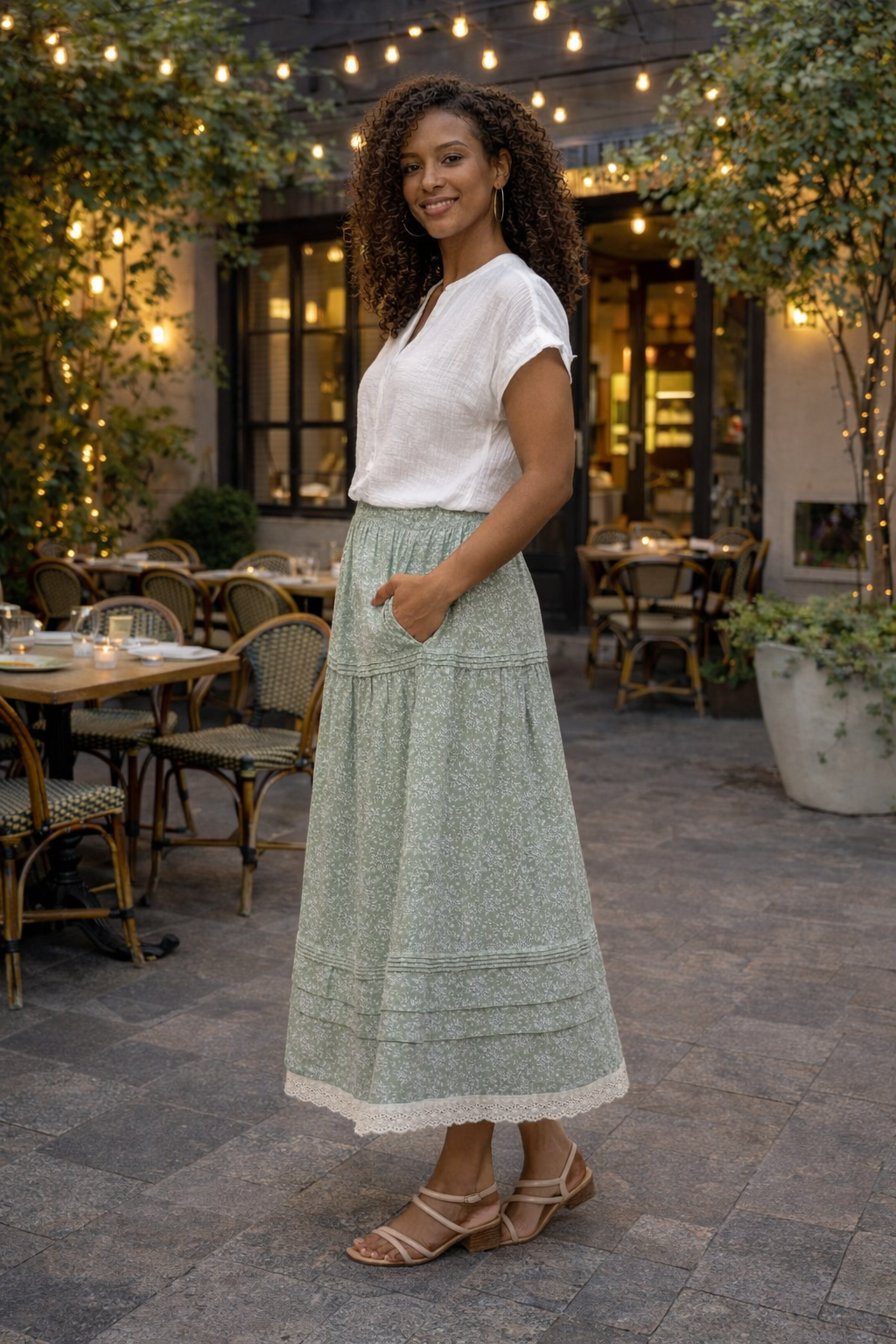 Riley Floral Trim Hem Midi Skirt : Sage