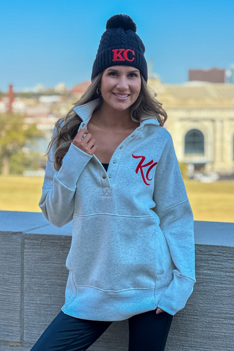 Lula Fleece Embroidered KC Snap Pullover : Oatmeal