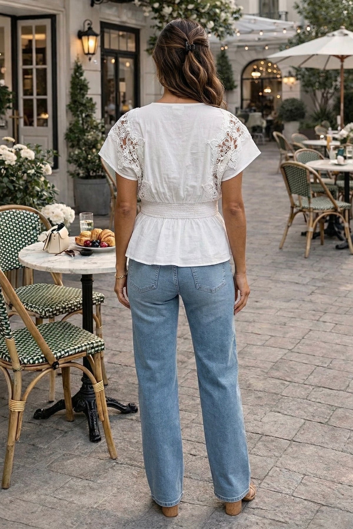 Cindy Embroidered V-Neck Elastic Back Waist Band Top : White