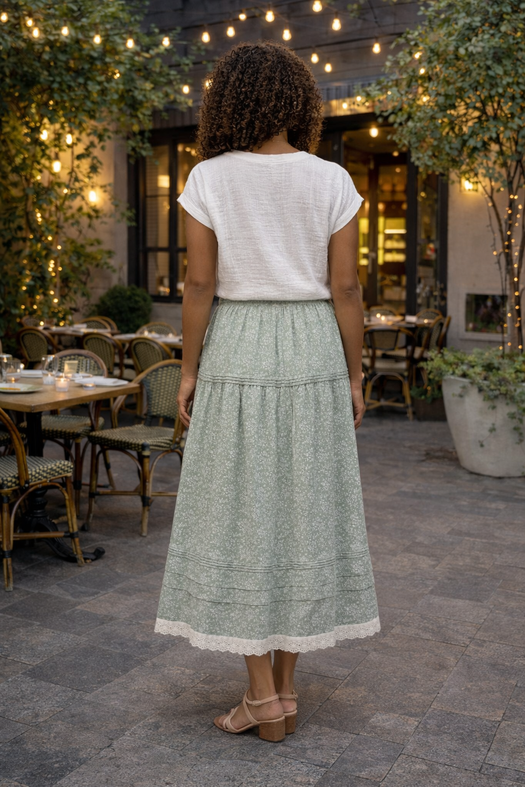 Riley Floral Trim Hem Midi Skirt : Sage
