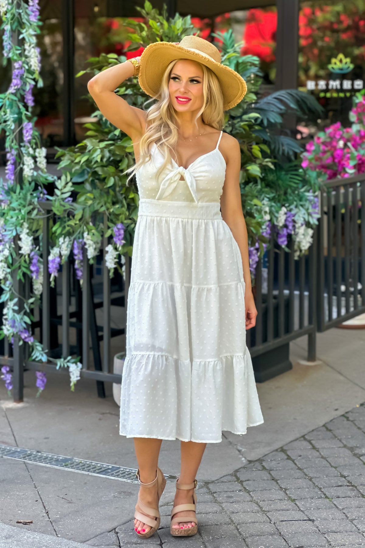 In The Moment Swiss Dot Tiered Midi Dress : Ivory