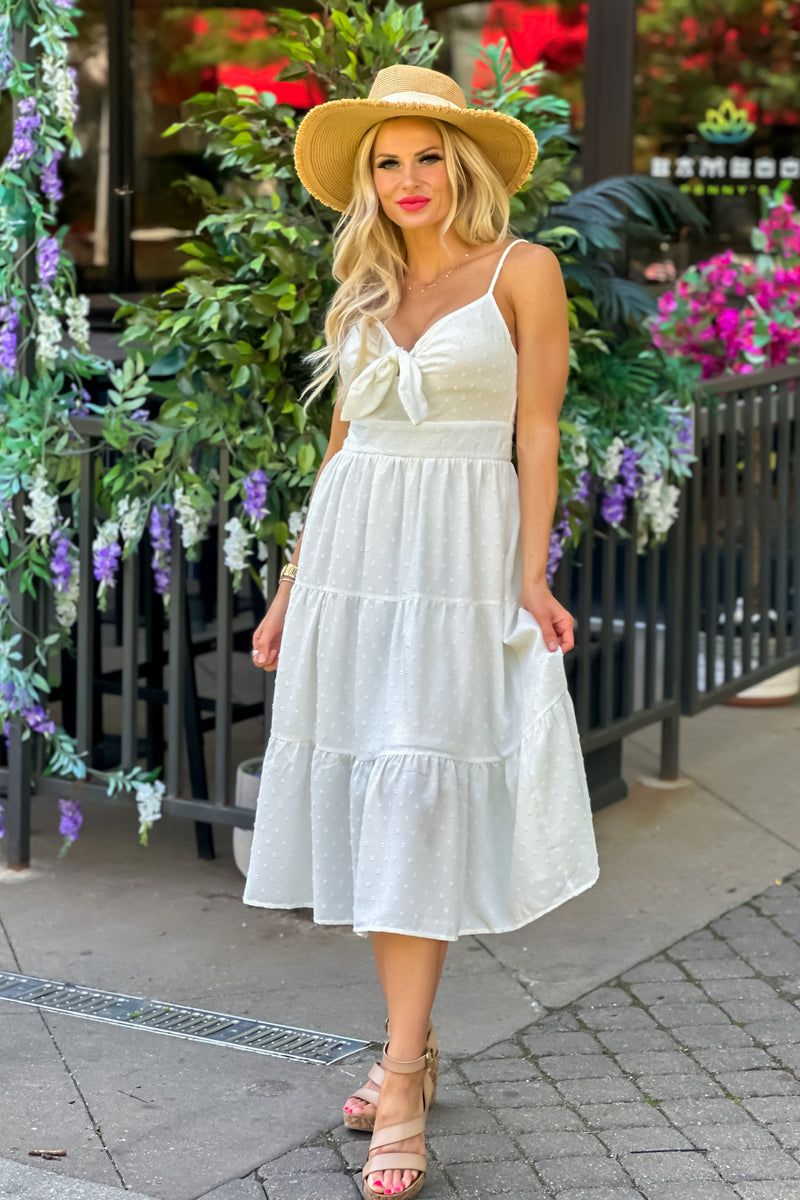 In The Moment Swiss Dot Tiered Midi Dress : Ivory
