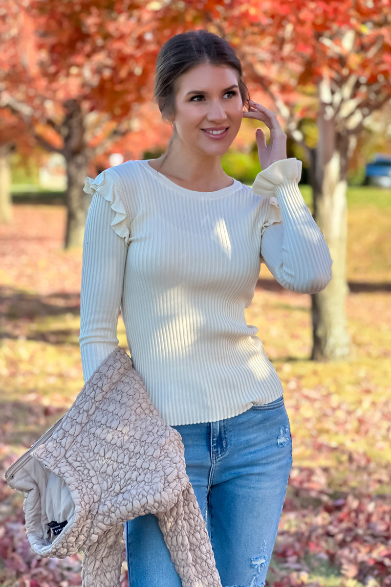 Susanna Ruffled Fitted Sweater : Cream