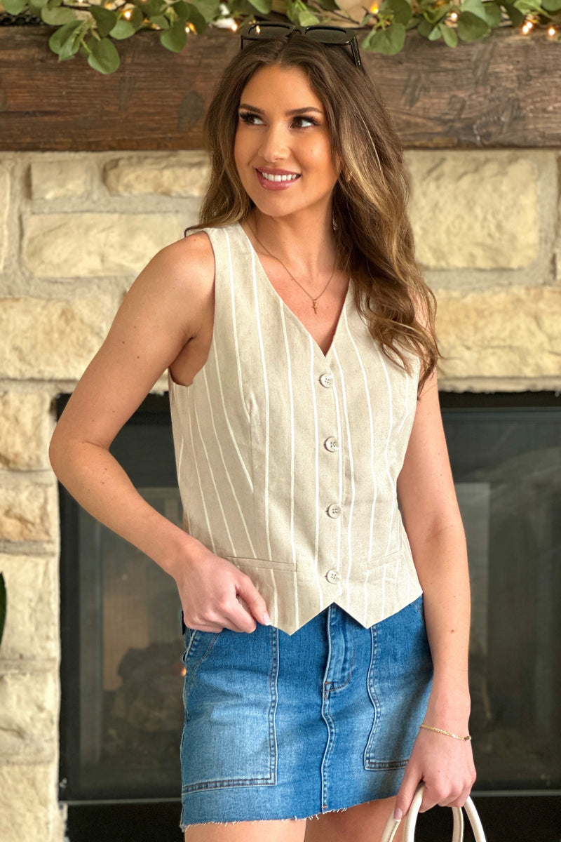Tribal Winsome Lined Button Front Vest : Safari