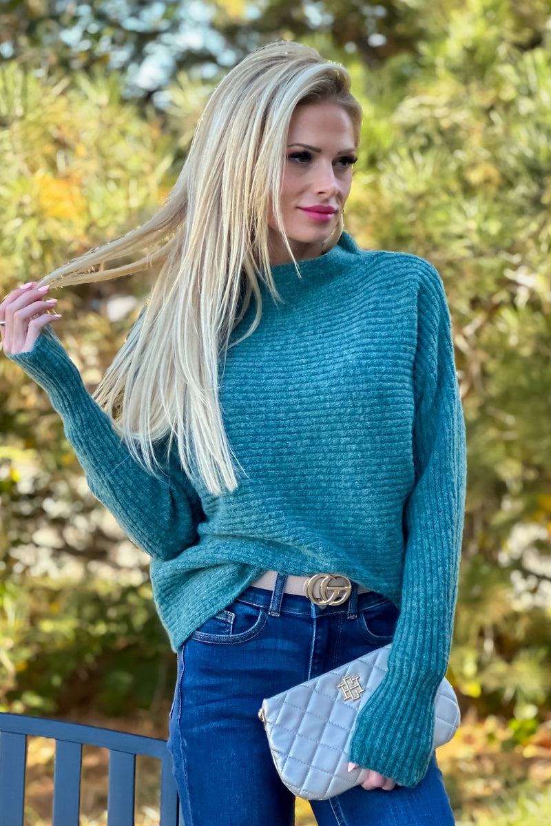 Lesley Mock Neck Horizontal Rib Sweater : Peacock