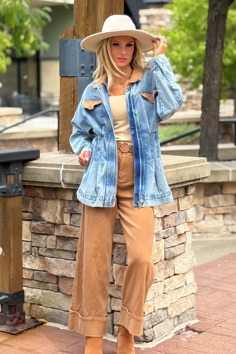 Gracen Contrast Faux Suede Denim Jacket : Denim