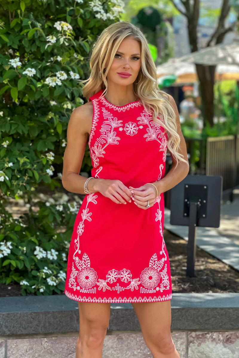Aya Embroidered Fitted Dress : Red