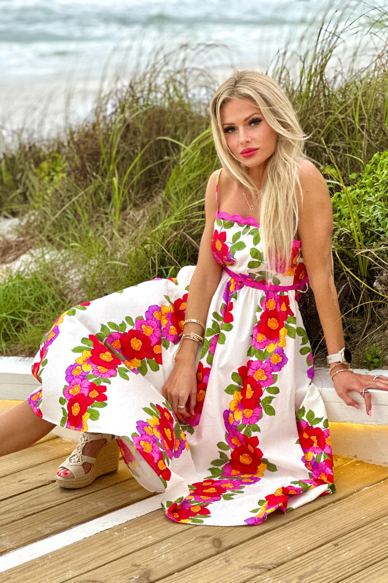 Chenoa Floral Wave Trim Maxi Dress : Fuchsia