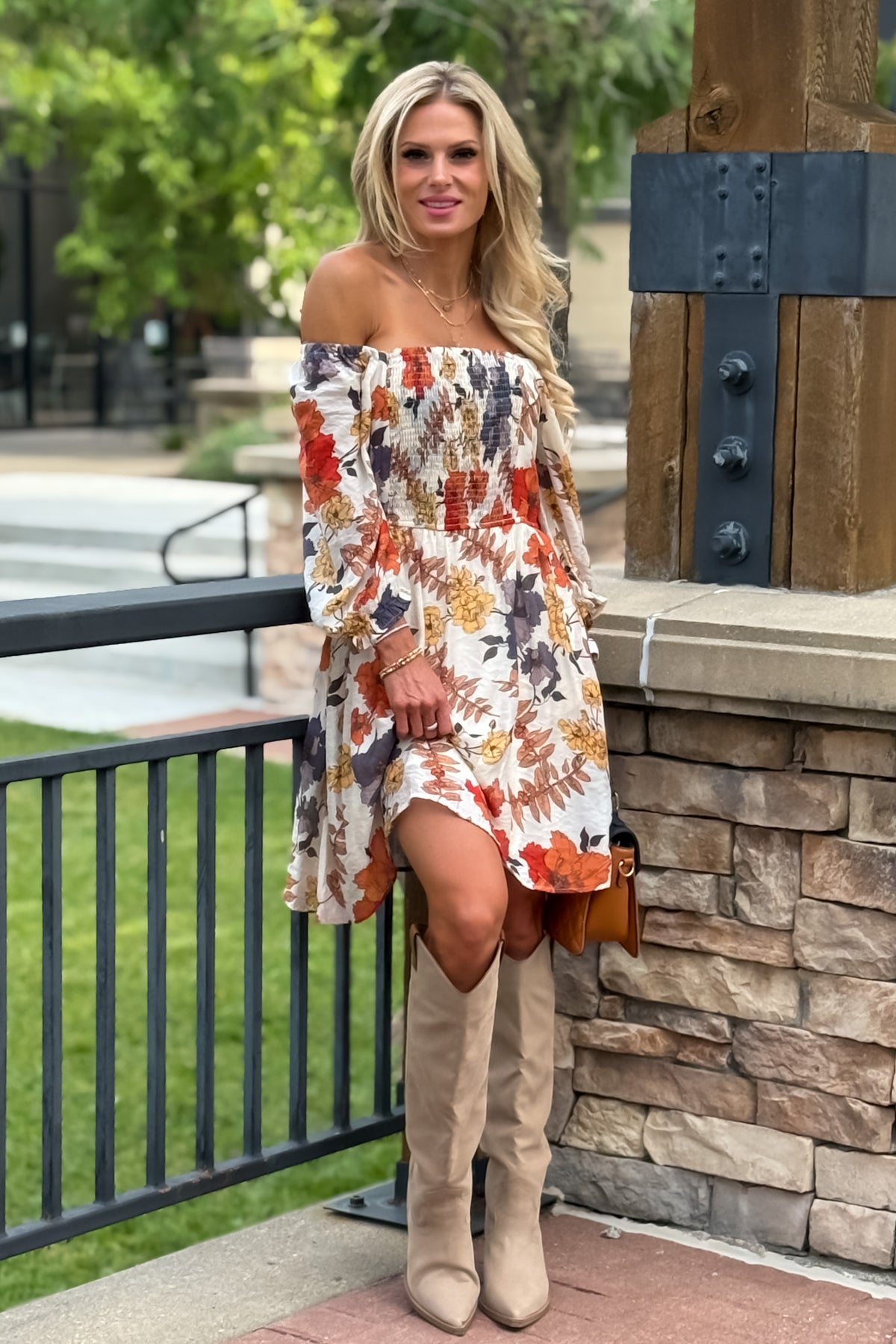 Cailin  Floral Print Ruched Dress : Rust