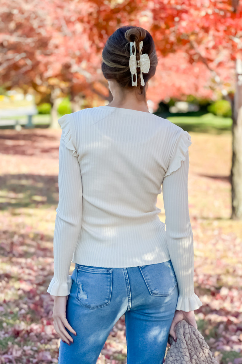 Susanna Ruffled Fitted Sweater : Cream