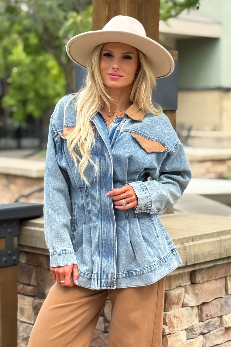 Gracen Contrast Faux Suede Denim Jacket : Denim