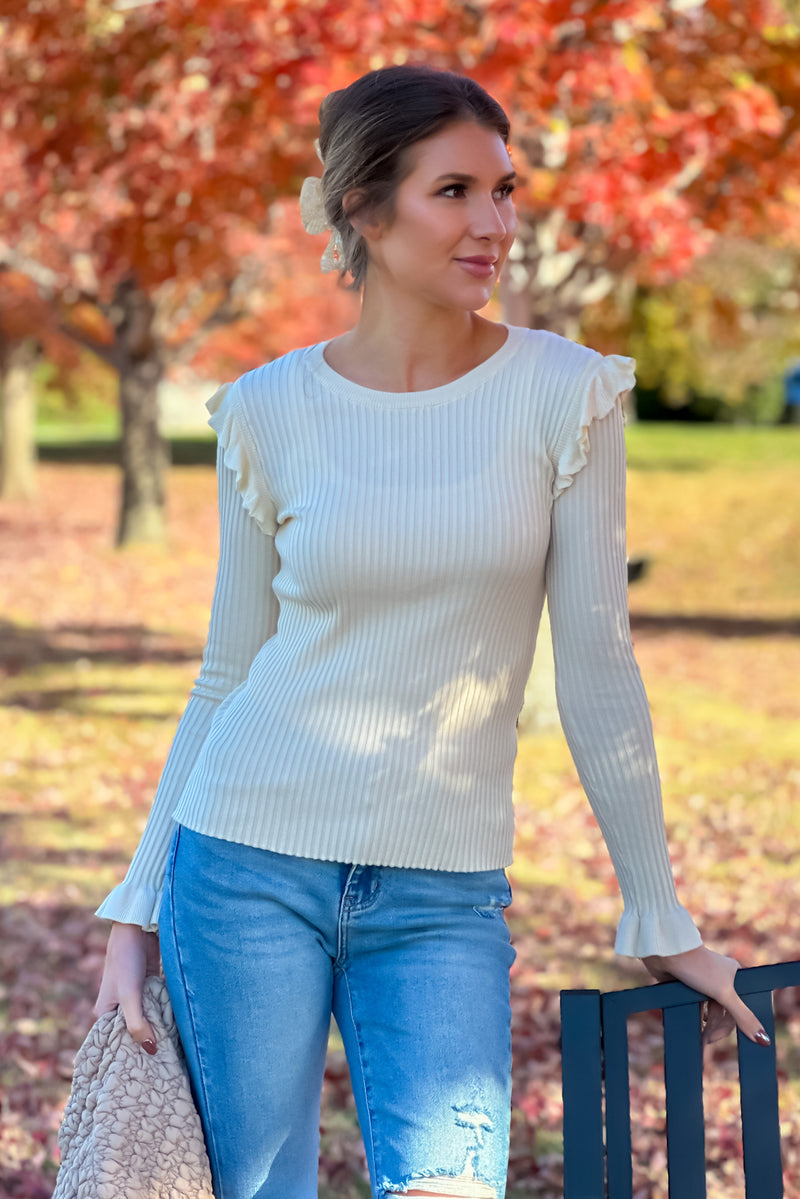 Susanna Ruffled Fitted Sweater : Cream