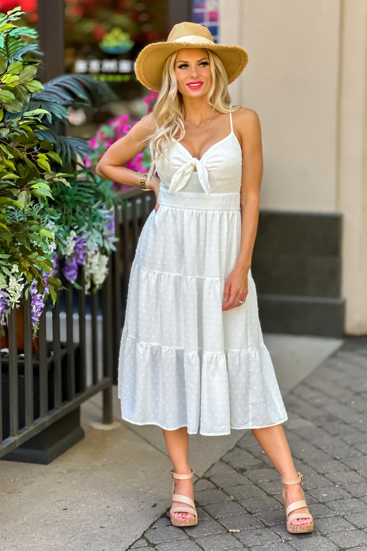 In The Moment Swiss Dot Tiered Midi Dress : Ivory