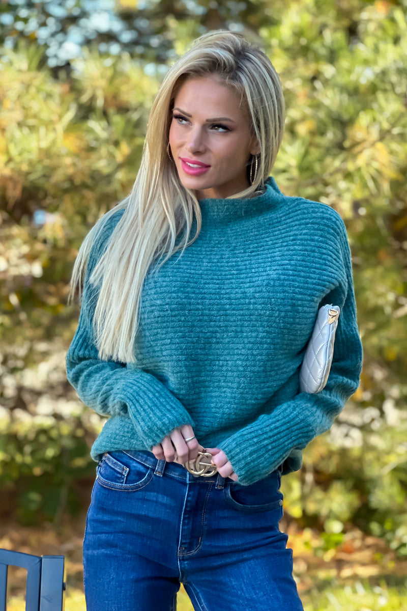 Lesley Mock Neck Horizontal Rib Sweater : Peacock