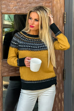 Tribal Joanna Crew Neck Jacquard Sweater : Marigold/Black