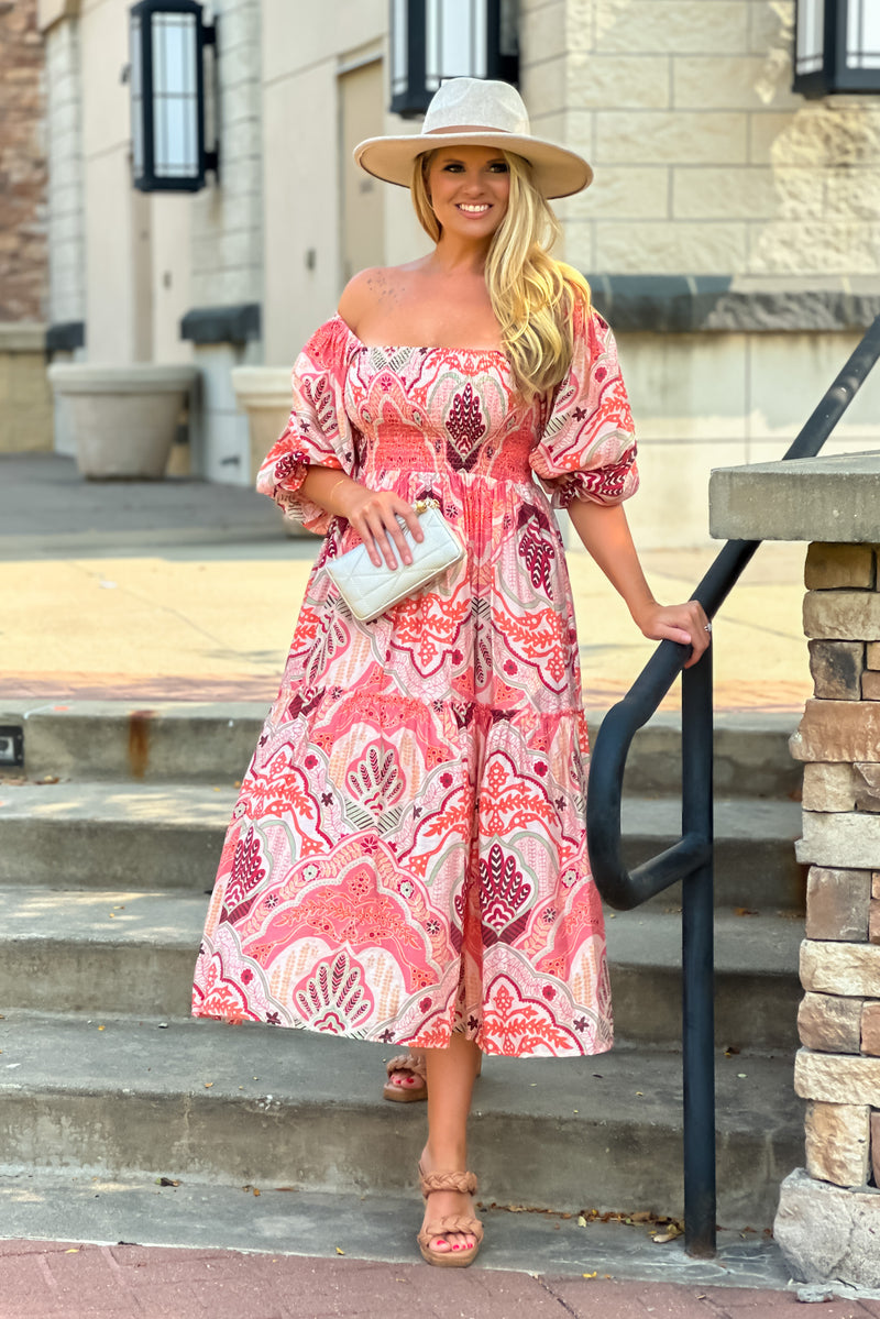 Jardine Abstract Print Midi Dress : Pink