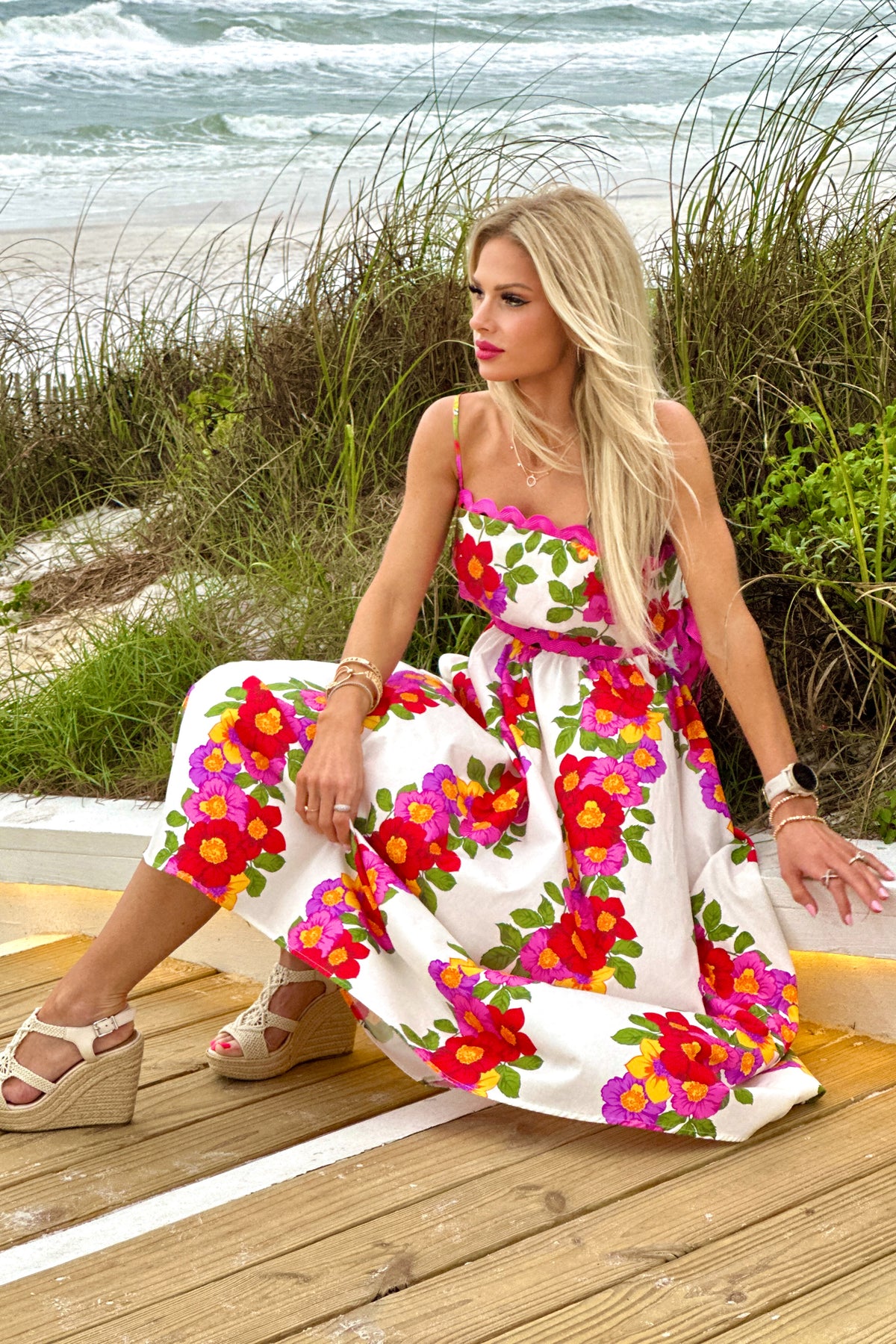 Chenoa Floral Wave Trim Maxi Dress : Fuchsia
