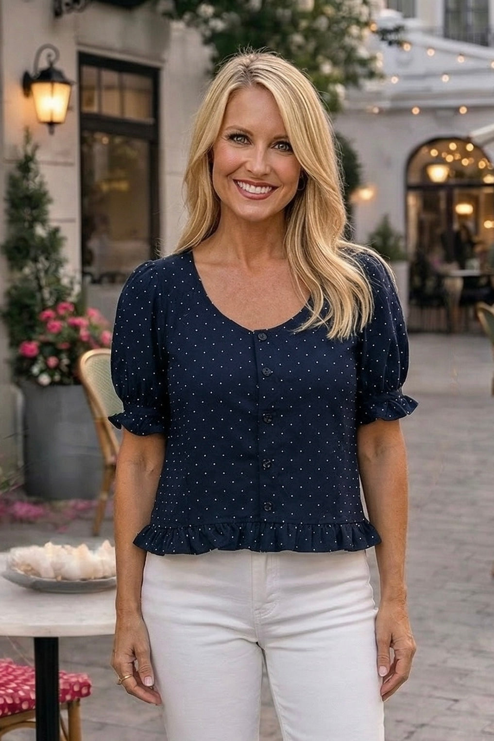 Lauren Dot Ruffle Hem Blouse : Navy