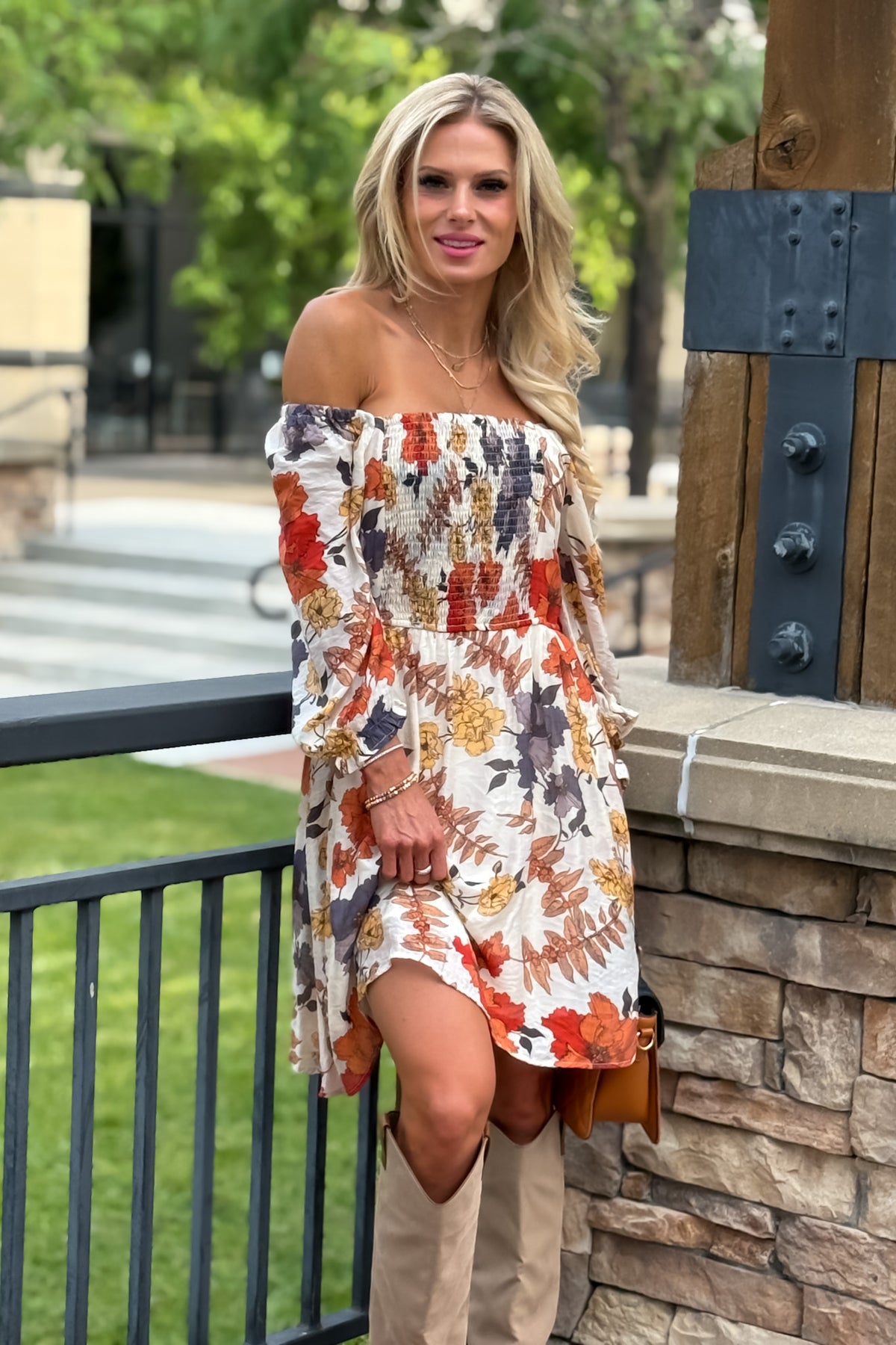 Cailin  Floral Print Ruched Dress : Rust