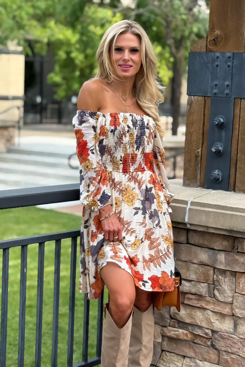 Cailin  Floral Print Ruched Dress : Rust