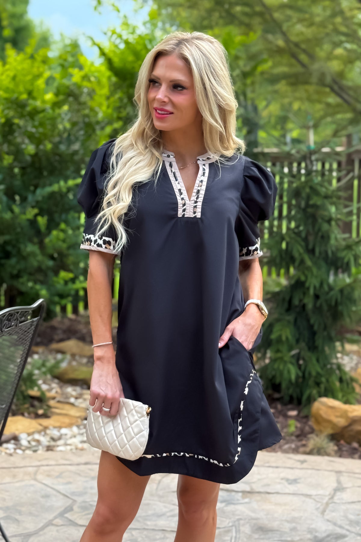 Laylee Leopard Banded Puff Sleeve Dress : Black