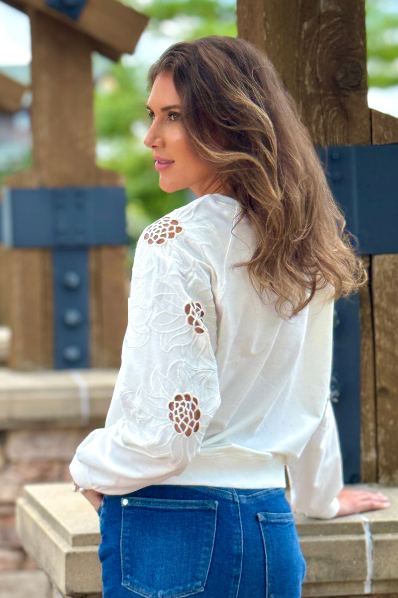 Adela Knit Pullover Embroidery Sleeve: Ivory
