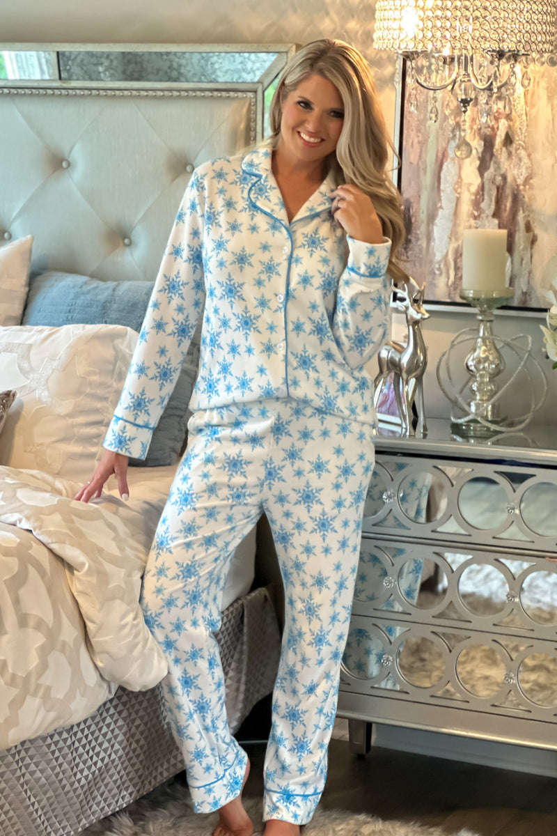 Snowflake Soft Brushed Pajamas : White/Blue