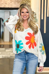 Carefree Style Threaded Detail Floral Sweater : Ivory/Multi
